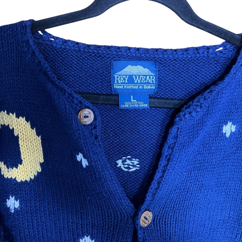Rey Wear Hand Knit Vintage Christmas Cardigan Sweater Blue Santa Size Large - Picture 2 of 8